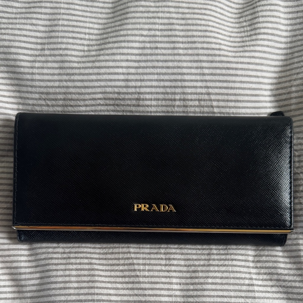 Prada Black Leather Wallet with Gold Logo